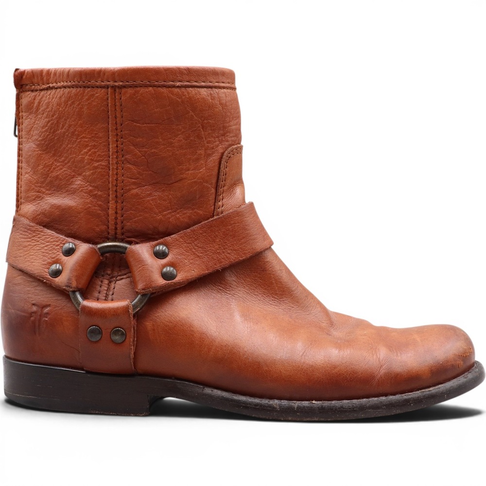 Frye Phillip Harness Womens Sz 6B Cognac Brown Leather Moto Rear Zip Ankle Boots